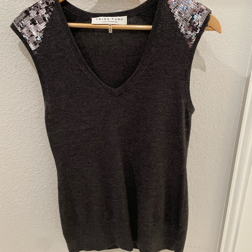 Trina Turk dark gray sweater vest with sequins, size Medium.